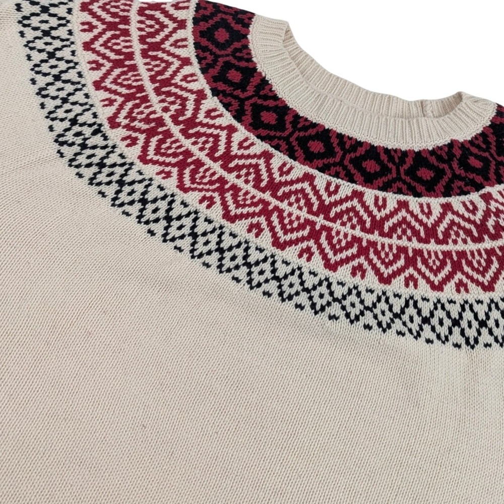 Chaps Denim Mens XL Fair Isle Yoke Crewneck Sweater Cream Red Black Cotton Blend